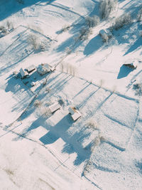 High angle view of snow on field