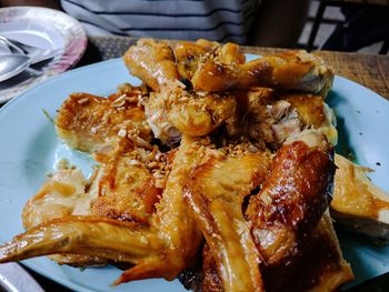 High angle view of meal served on table