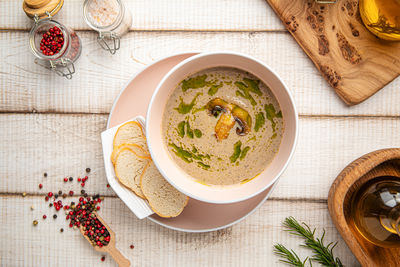 Directly above shot of soup in bowl on table