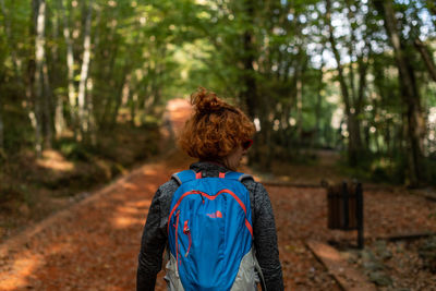 Rear view of woman standing in forest