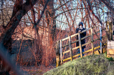 Woman standing by bare trees in the park