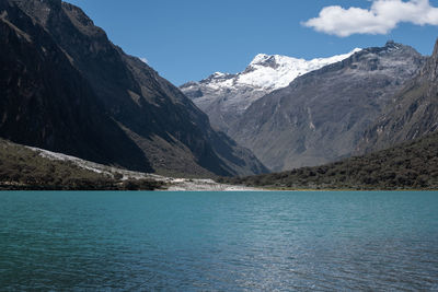 Scenic view of sea and mountains against sky