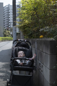 Portrait of man in car against trees in city