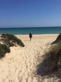 Rear view of man on beach against clear sky