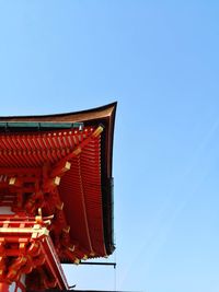 Low angle view of roof against clear blue sky