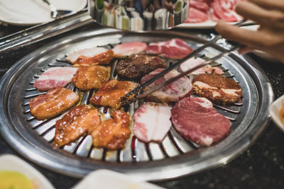 High angle view of meat in plate on table