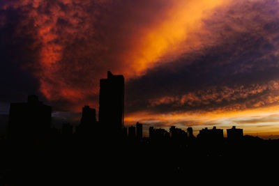 Silhouette cityscape against sky during sunset