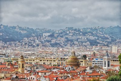 High angle shot of townscape against sky
