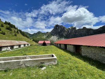 Scenic view of field by houses against sky