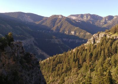 High angle view of mountains against clear sky