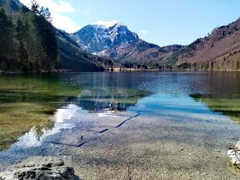 Scenic view of lake by snowcapped mountains against sky