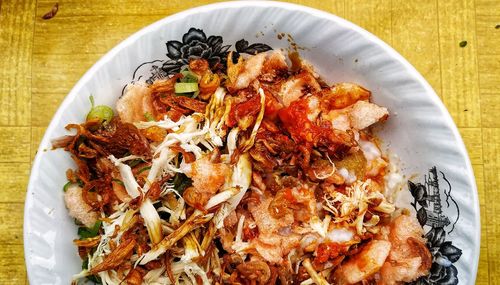 High angle view of food in plate on table