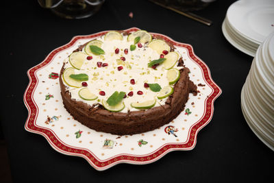 High angle view of cake in plate on table