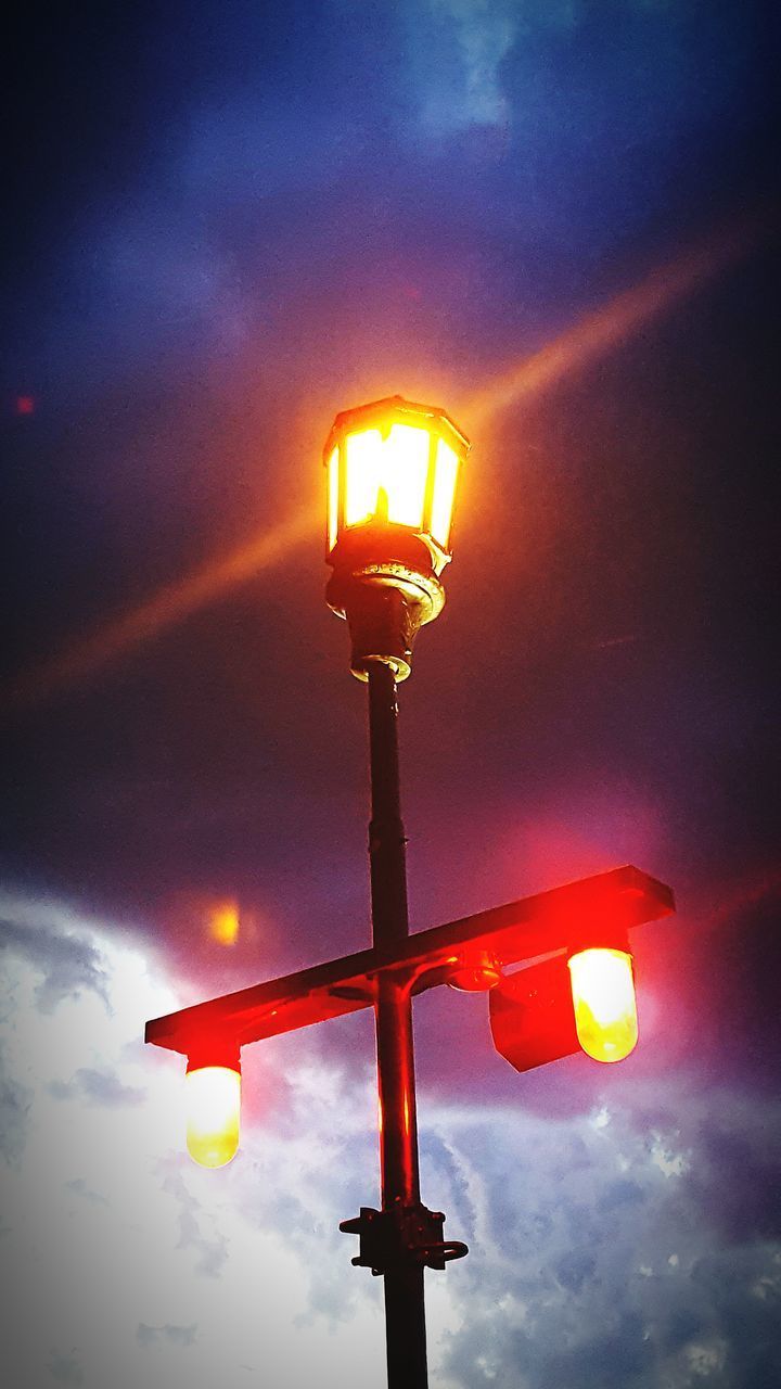 LOW ANGLE VIEW OF ILLUMINATED STREET LIGHTS AGAINST SKY