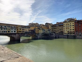 Buildings by river against sky