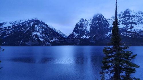 Scenic view of snowcapped mountains and lake against sky