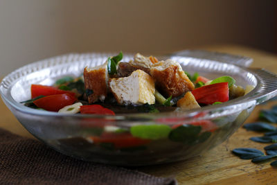 Close-up of fruit salad in bowl on table