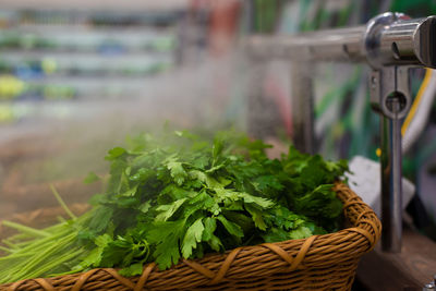 High angle view of food in wicker basket