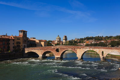 Arch bridge over river against buildings in city