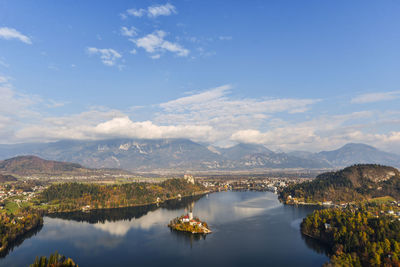 Scenic view of lake and mountains against sky