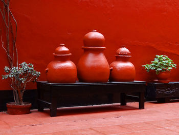 Containers on bench amidst potted plants by red wall