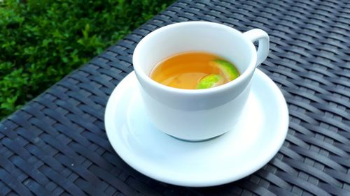 High angle view of tea in cup on table