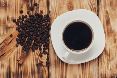 High angle view of coffee cup on table