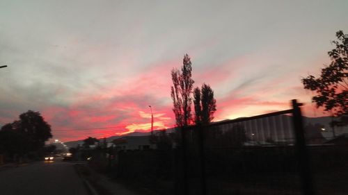 Silhouette trees by street against sky at sunset