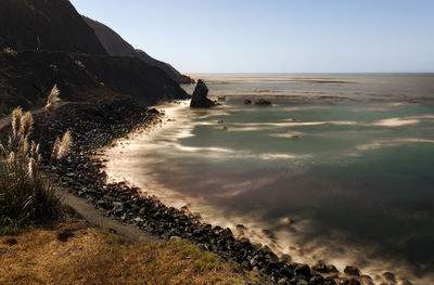 Scenic view of beach against clear sky