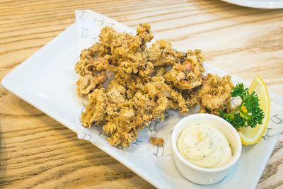 High angle view of food in plate on table