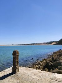 Scenic view of sea against clear blue sky