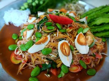 High angle view of chopped vegetables in plate