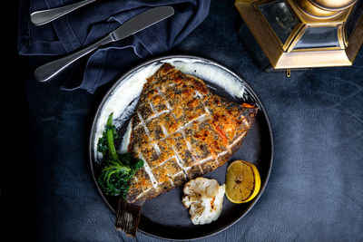 High angle view of meal served on table