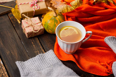 High angle view of coffee on table