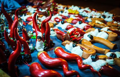 High angle view of candies for sale in market