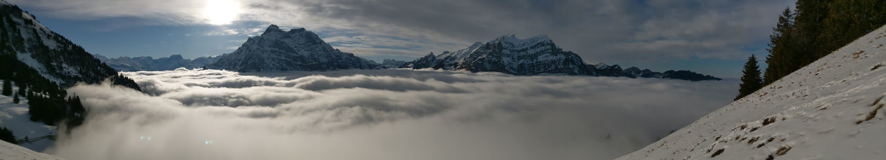 Panoramic view of snowcapped mountains against sky