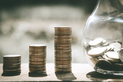 Close-up of coins on table