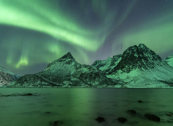 Scenic view of snowcapped mountains against sky at night