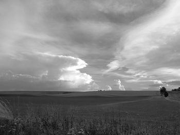 Scenic view of field against cloudy sky