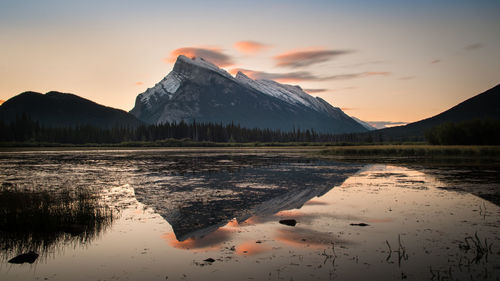 Scenic view of lake by mountains against sky during sunset