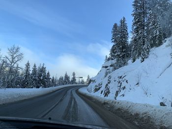 Road amidst trees against sky during winter