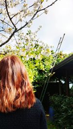 Rear view of woman with flowering plants against trees