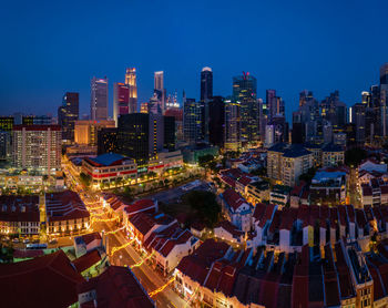 Aerial view of illuminated chinatown buildings in singapore city at night