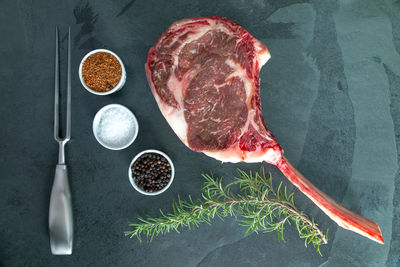 High angle view of food on table against black background