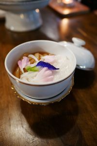 High angle view of ice cream in bowl on table