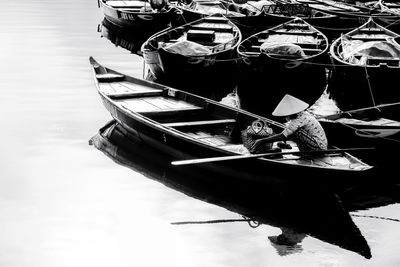 High angle view of fishing boat in lake