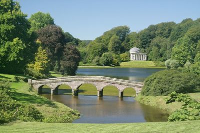 Foot bridge on lake with trees against clear sky