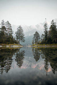 Scenic view of lake by trees against sky