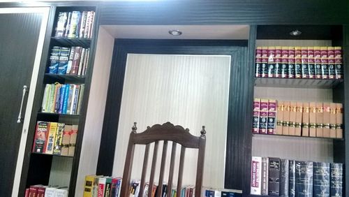 View of books in library