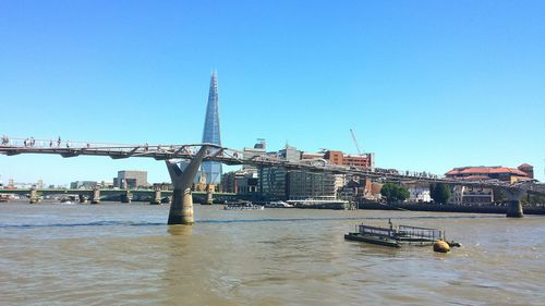 Boats in river with buildings in background